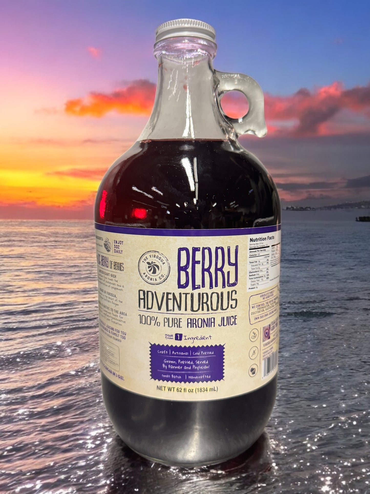 Aronia Berry Juice, Full Strength - Naturally sweet- grown & cold pressed in USA | Farmer physician founded | 4x antioxidants, 62 oz Bottle FREE SHIPPING