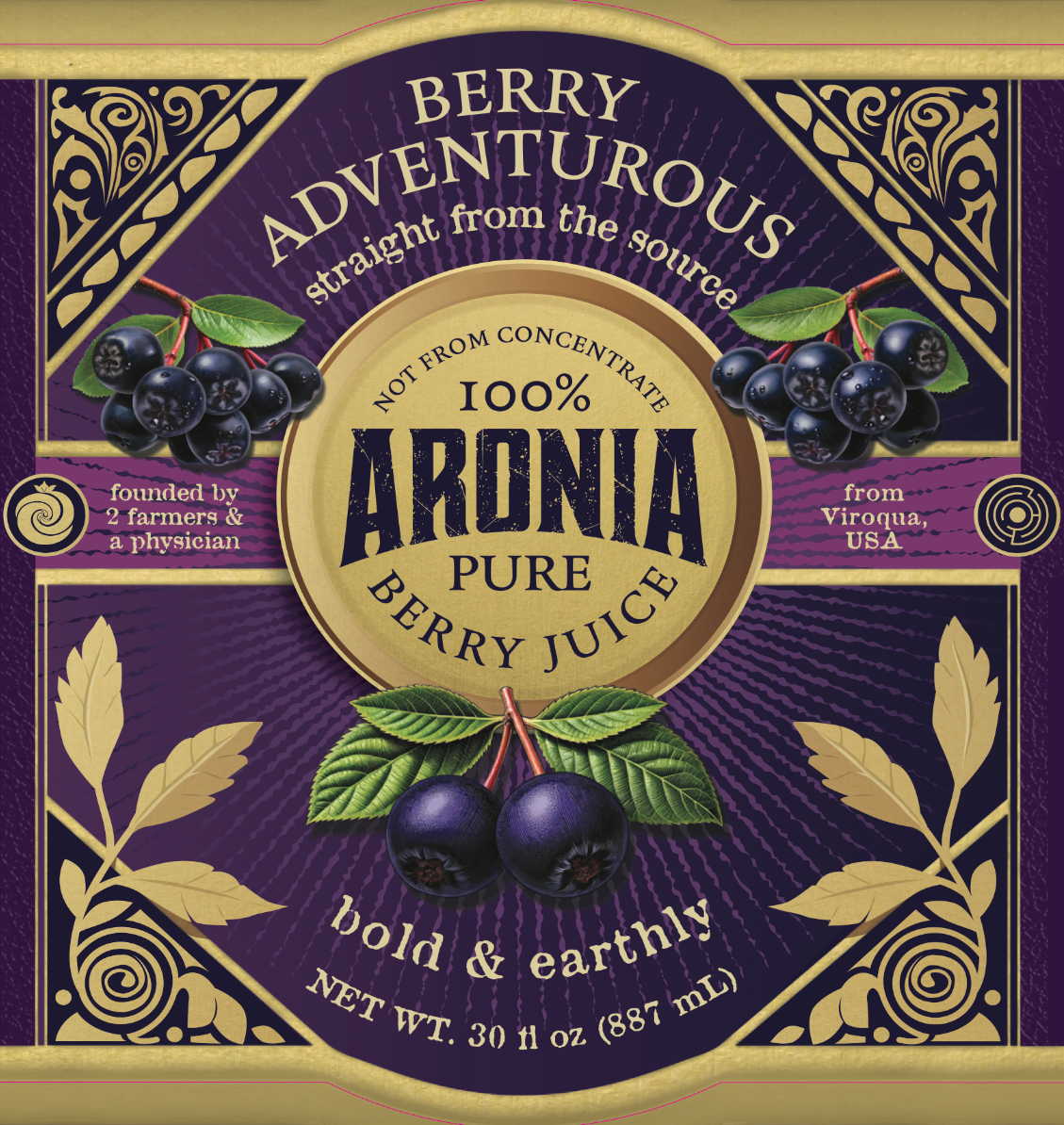 Aronia Berry Juice, Full Strength - Naturally sweet- grown & cold pressed in USA | 16oz glass bottle FREE SHIPPING