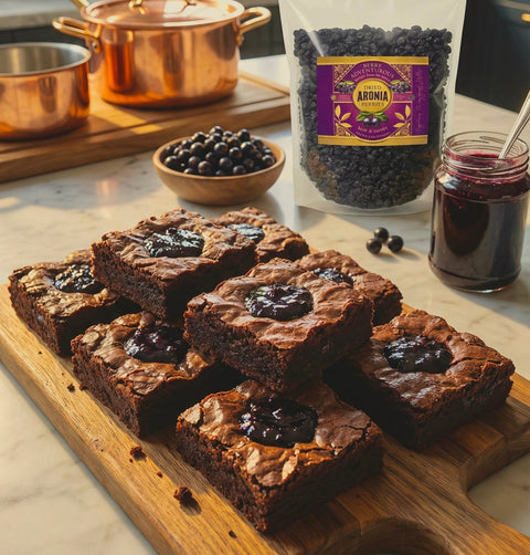 Rye–Aronia Brownies with Black Currant Jam Thumbprint