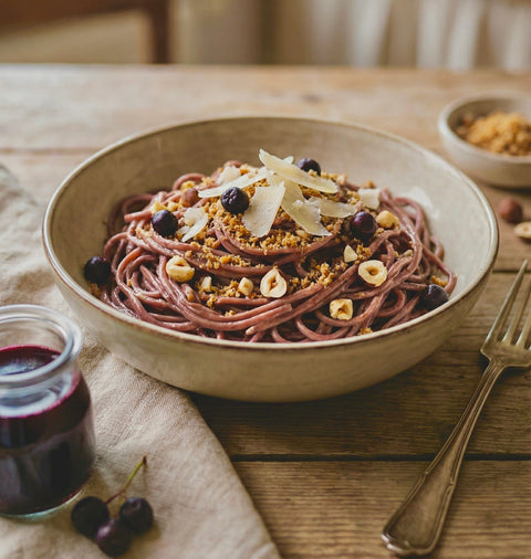 Rye–Aronia Buckwheat Noodles with Hazelnut Oil Sauce