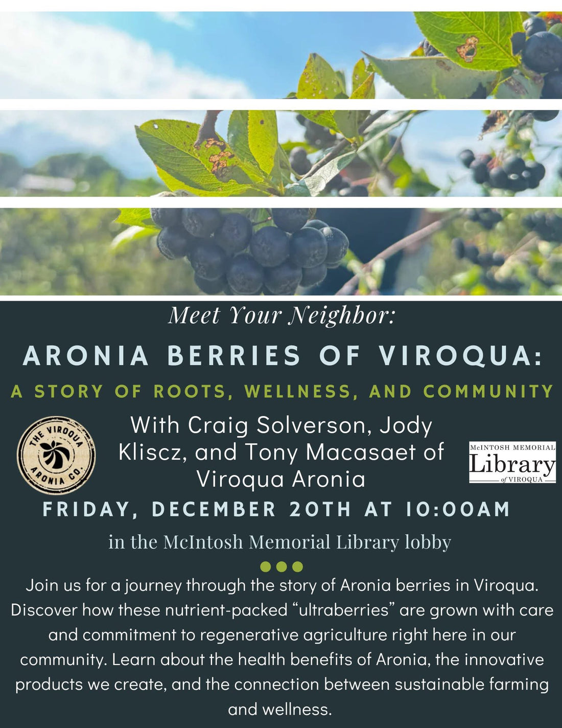 POSTPONED!!  Will reschedule talk.....  Our Aronia Berry Adventure @ McIntosh library