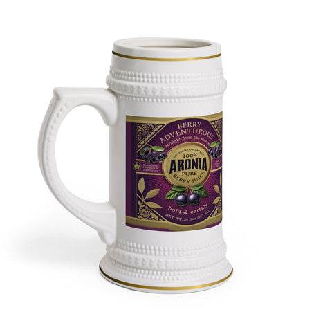 Ceramic Stein Mug with Vintage Aronia Berry Label — Rustic Pub Style Drinking Stein