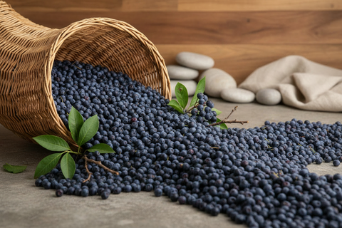 Blueberries spilling from a wicker basket onto a wooden surface with stones and fabric in the background.