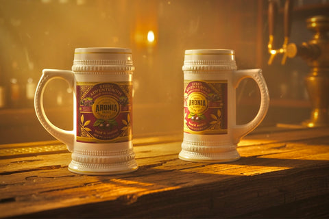Ceramic Stein Mug with Vintage Aronia Berry Label — Rustic Pub Style Drinking Stein