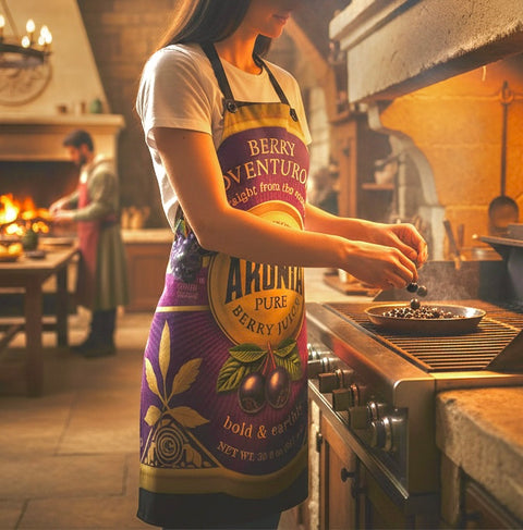 Aronia Berry Vintage Label Apron — Retro Purple Fruit Jam & Juice Kitchen Apron