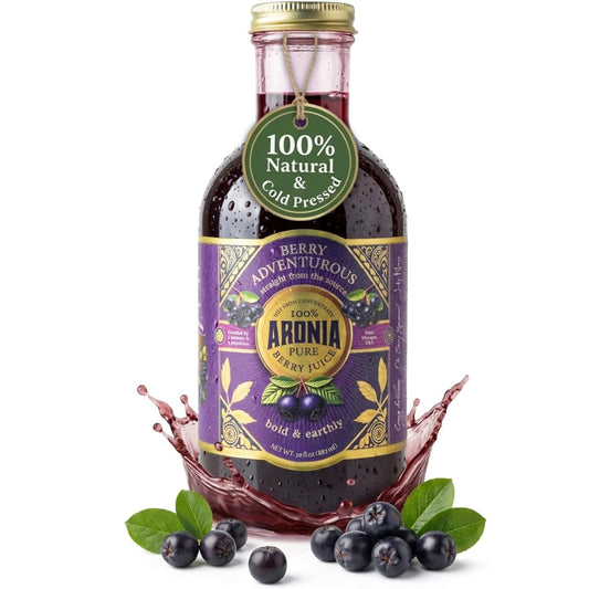 Aronia Berry Juice, Full Strength - Naturally sweet- grown & cold pressed in USA | Farmer physician founded | 4x antioxidants, 30 oz Glass Bottle | Berry Adventurous!  FREE SHIPPING