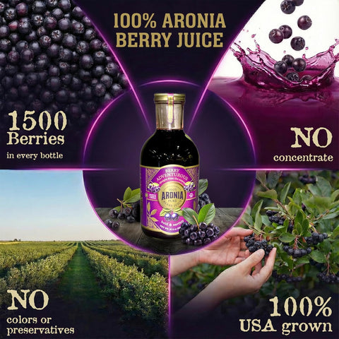 Limited edition:  Aronia Berry Juice, Six Pack. Give a gift of purity - Delicious Juice, Straight from the Source!  USA Grown | 16oz glass bottle SIX PACK