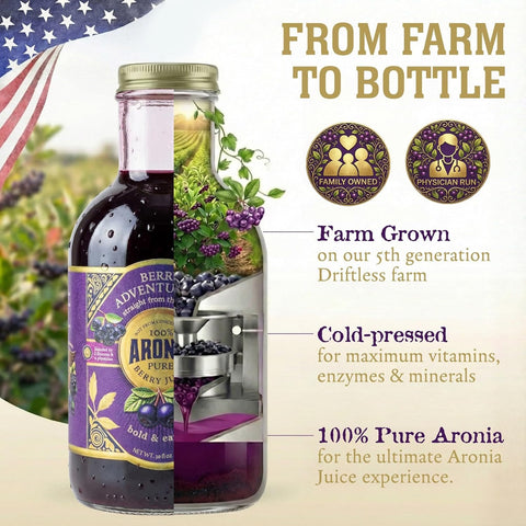 Limited edition:  Aronia Berry Juice, Six Pack. Give a gift of purity - Delicious Juice, Straight from the Source!  USA Grown | 16oz glass bottle SIX PACK