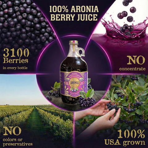 Aronia Berry Juice, Full Strength - Naturally sweet- grown & cold pressed in USA | Farmer physician founded | 4x antioxidants, 62 oz Bottle FREE SHIPPING