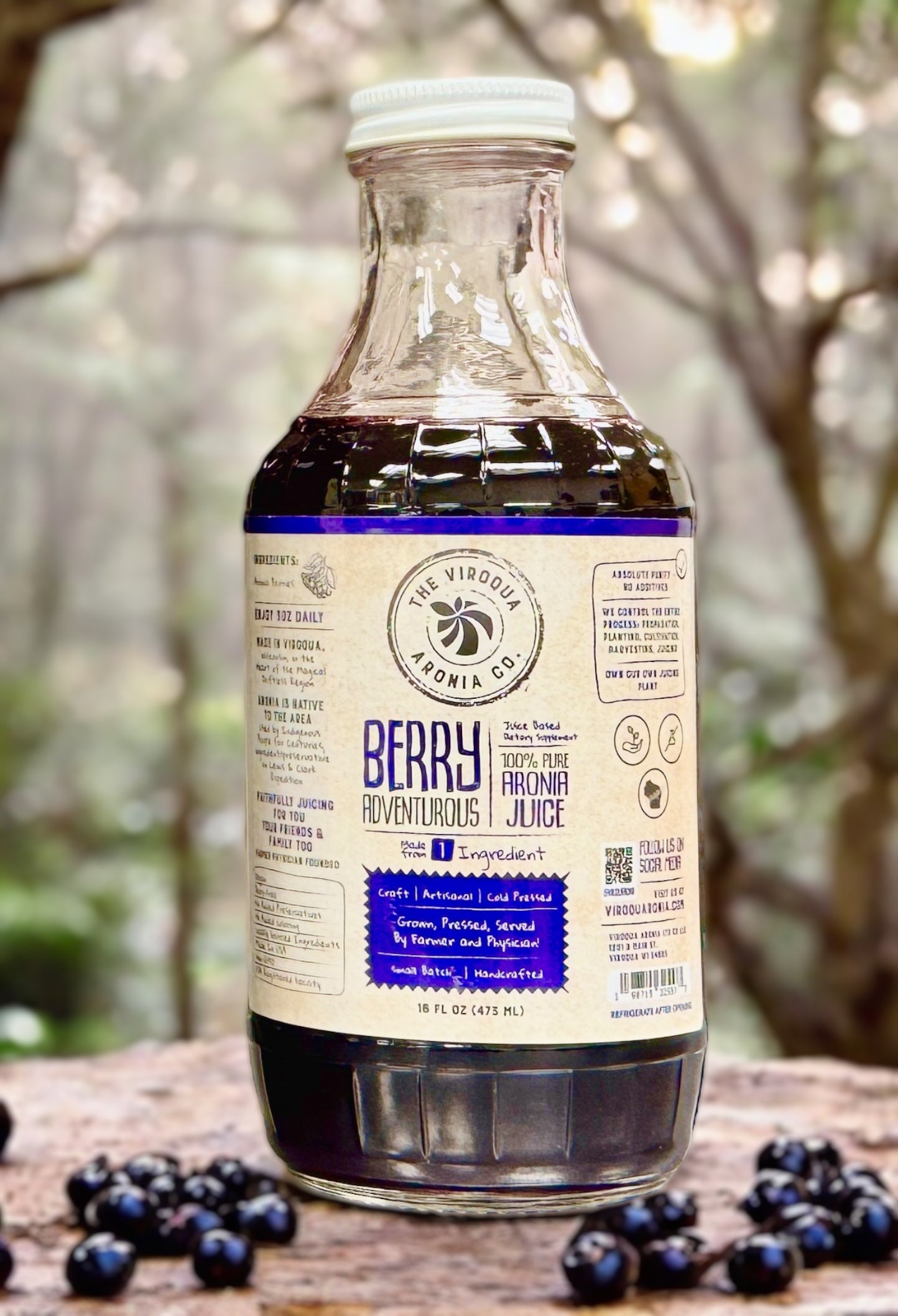 Aronia Berry Juice, Full strength, Cold pressed, 16oz bottle | Farmer + Physician Founded | Belonging Around the Berry