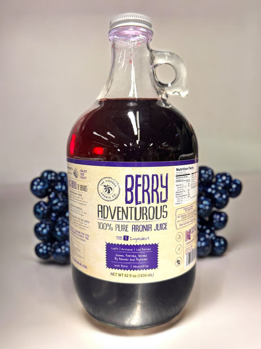Aronia Berry Juice, Full Strength - Naturally sweet- grown & cold pressed in USA | Farmer physician founded | 4x antioxidants, 62 oz Bottle FREE SHIPPING