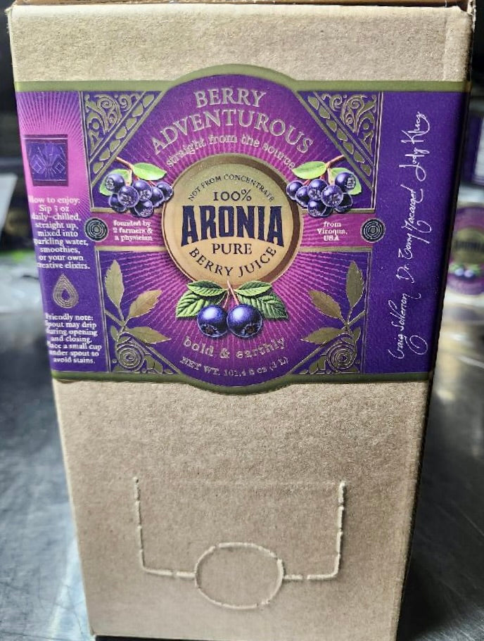 Aronia Berry Juice, Full Strength - Naturally sweet- grown & cold pressed in USA | Farmer physician founded | 4x antioxidants, 3 Liter Bag-in-the-Box  | Berry Adventurous! FREE SHIPPING